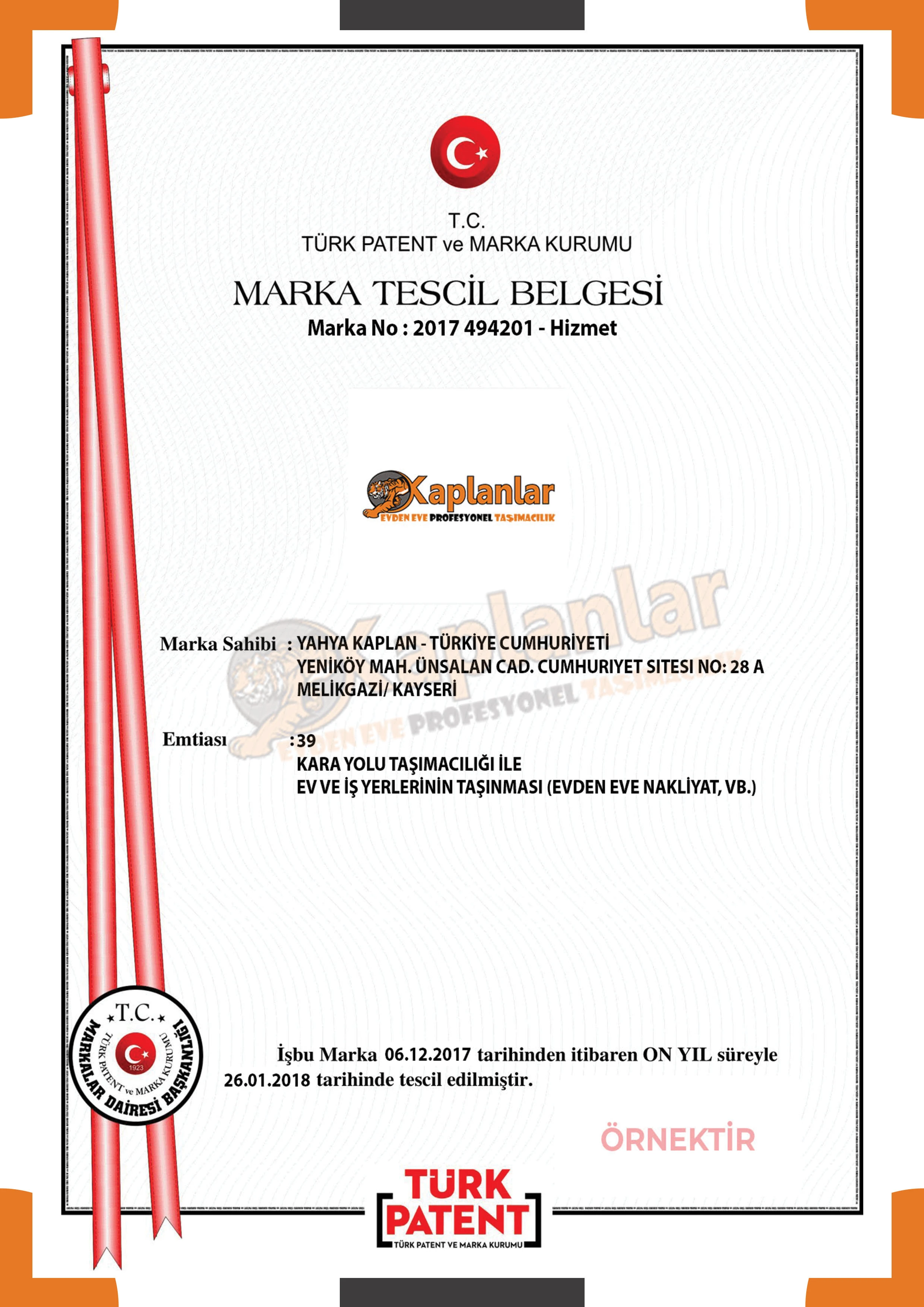 Kayseri Evden Eve Nakliyat KAPLANLAR ® Ev Taşıma 0541 173 38 38-Marka Tescil