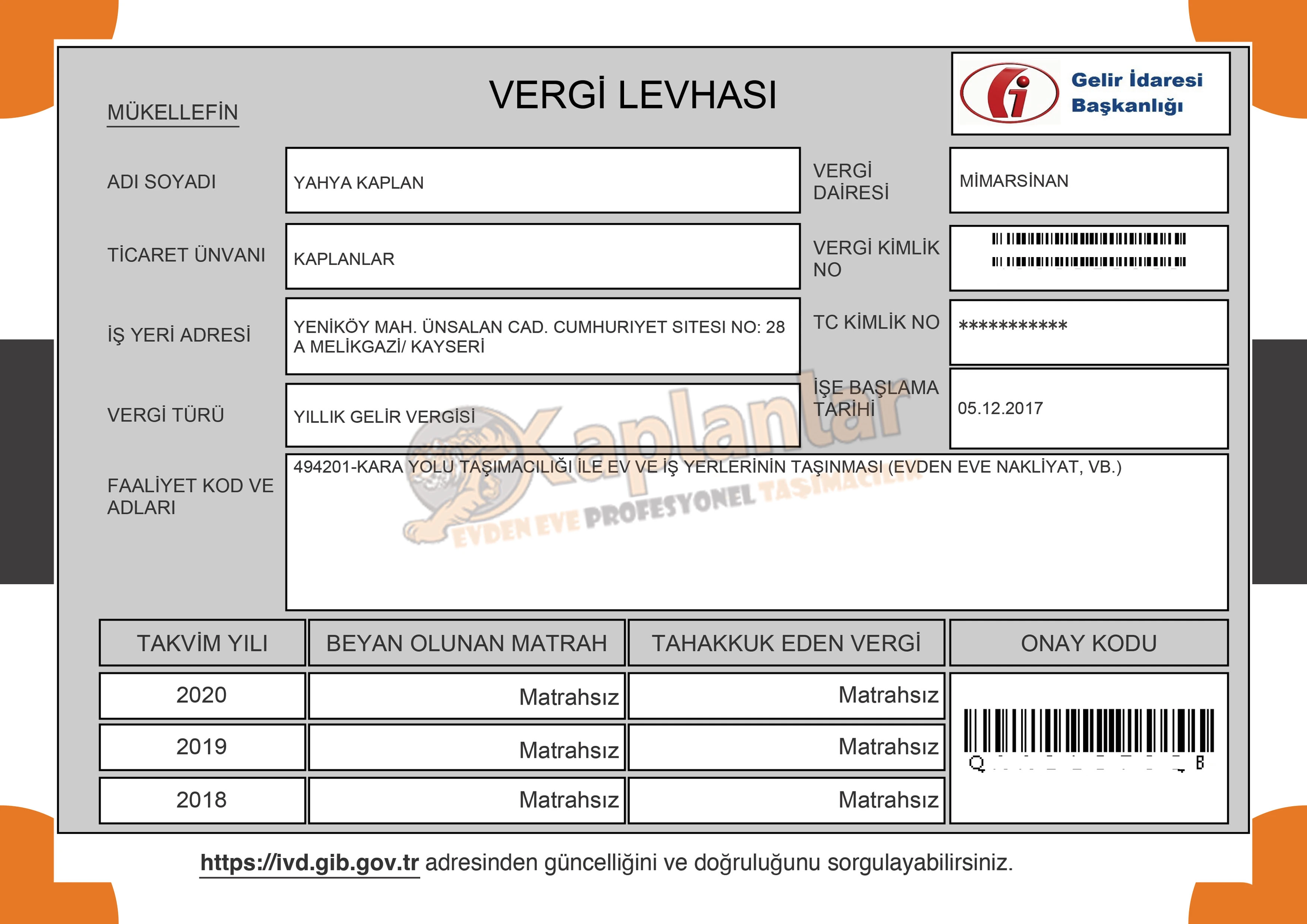 Kayseri Evden Eve Nakliyat KAPLANLAR ® Ev Taşıma 0541 173 38 38-Vergi Levhası