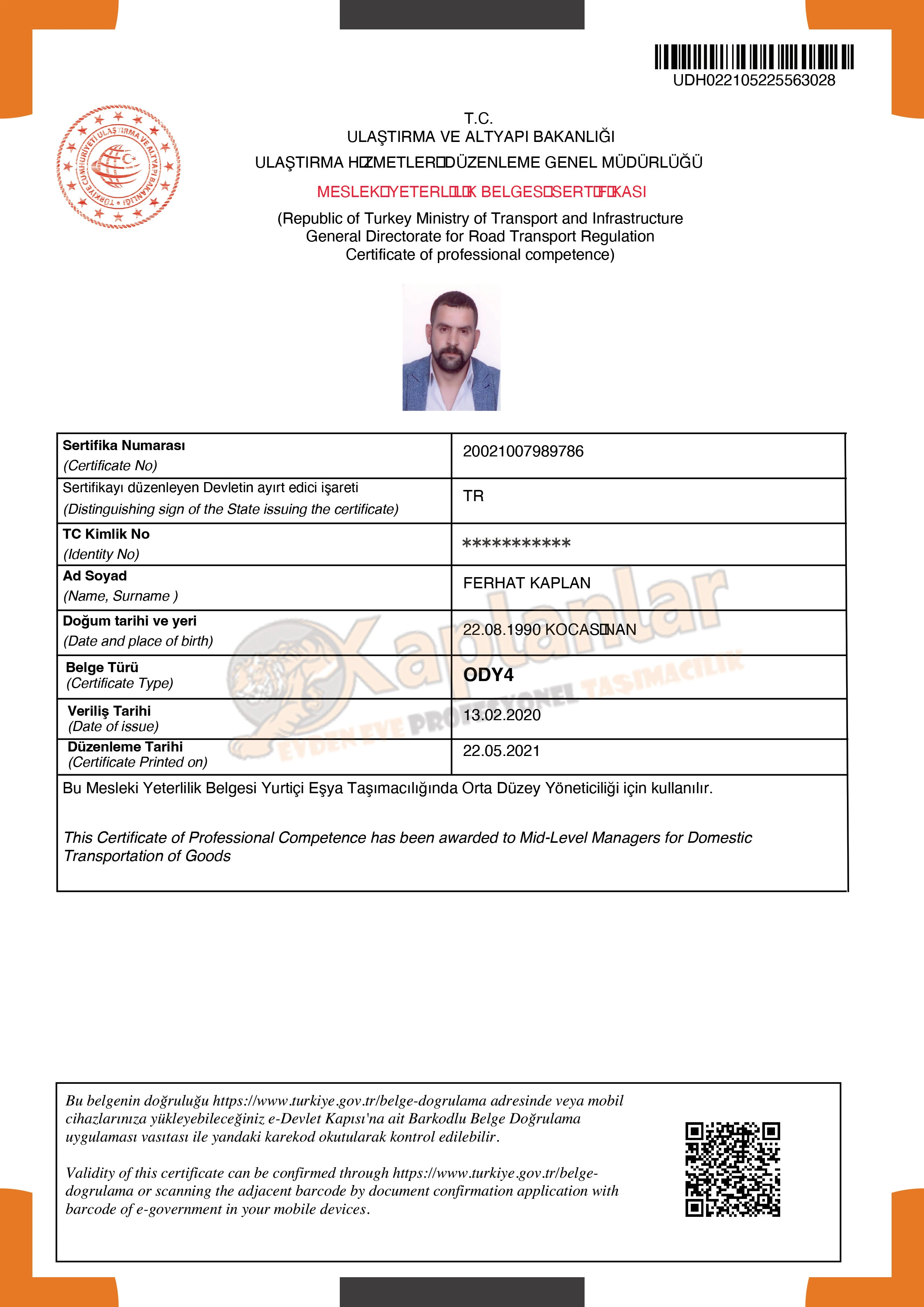 Kayseri Evden Eve Nakliyat KAPLANLAR ® Ev Taşıma 0541 173 38 38-Yeterlilik Belgesi
