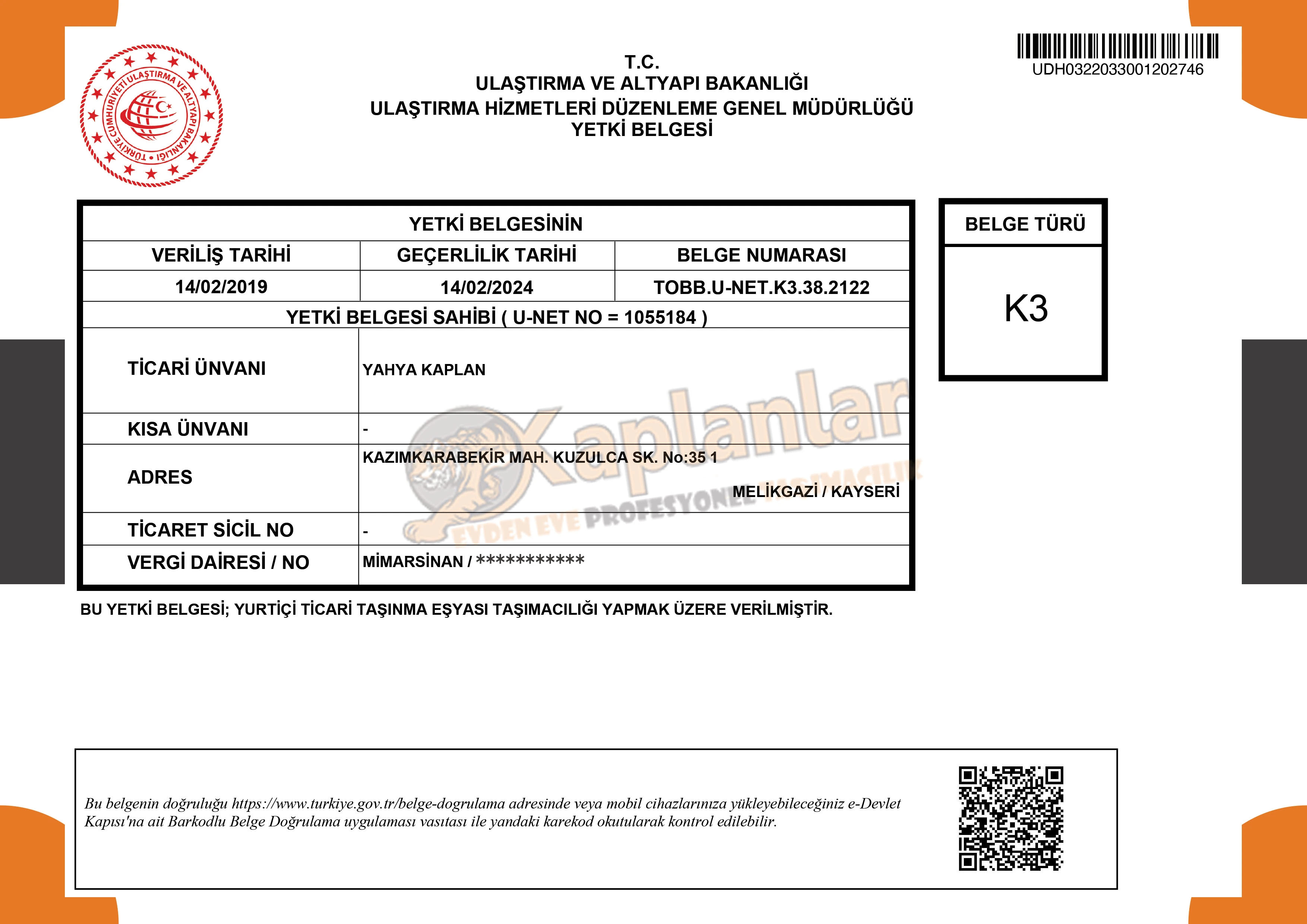 Kayseri Evden Eve Nakliyat KAPLANLAR ® Ev Taşıma 0541 173 38 38-Yetki Belgesi